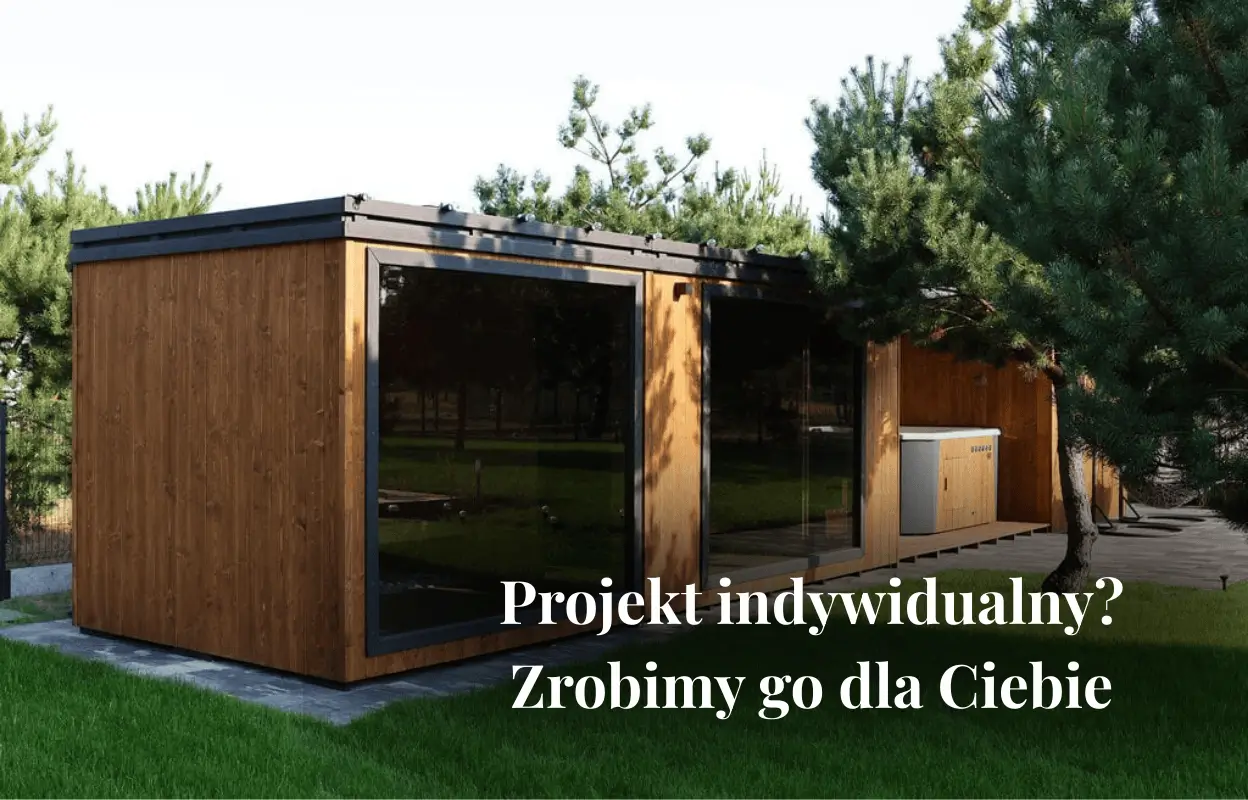 Sauna ogrodowa drewniana z dużymi oknami — projekty indywidualne saun i jacuzzi.